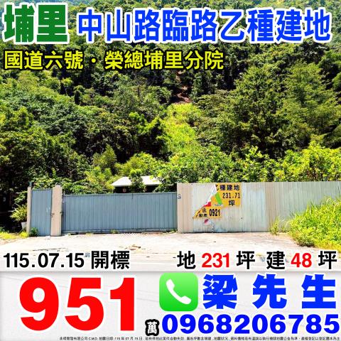 南投埔里法拍屋中山路臨路231坪乙種建地國道六號榮總埔里分院